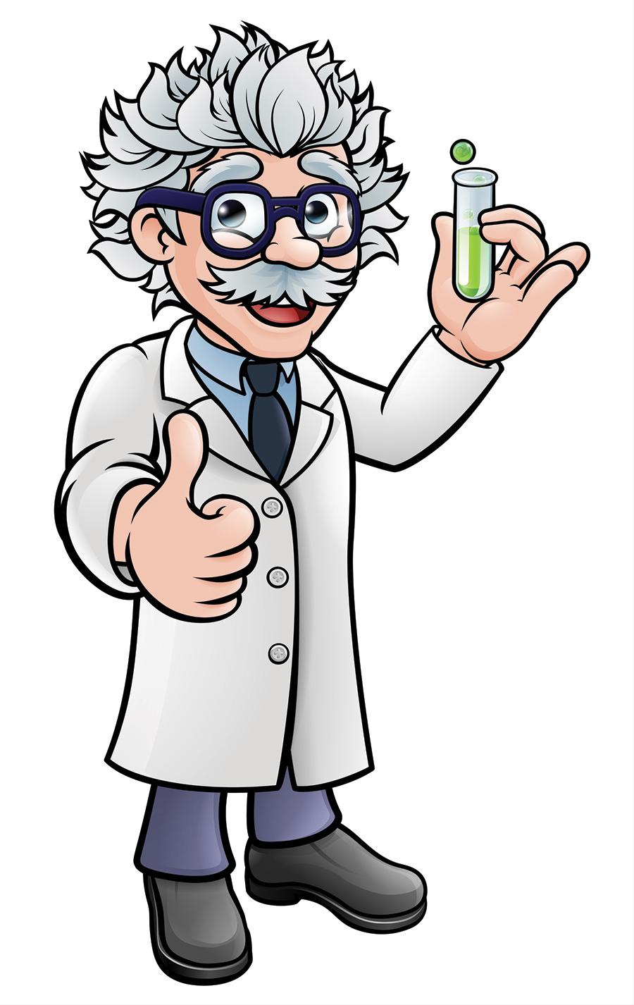 Cartoon Einstein holdimg a vile in a lab coat