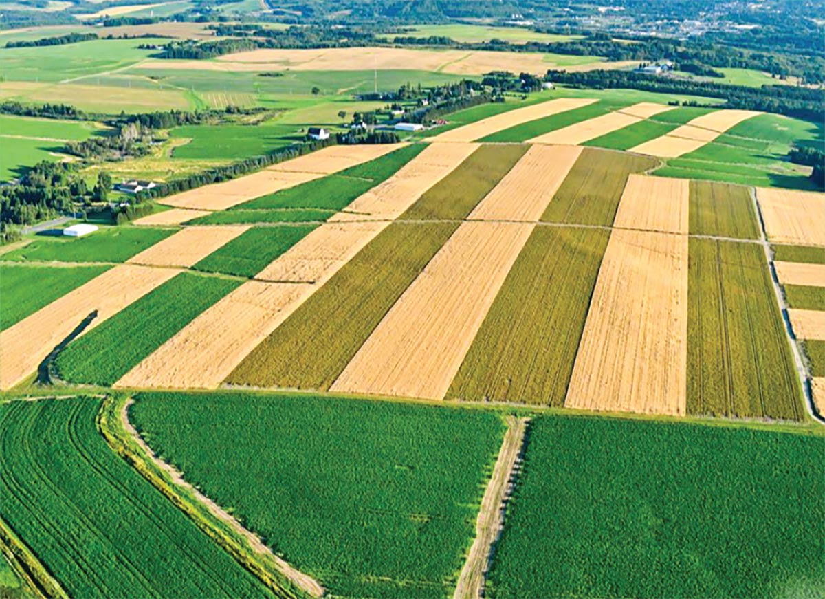 An aerial landscape photograph of crop fields/farms